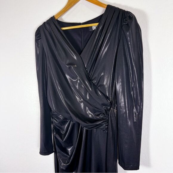 DKNY Dress Side Ruched Jersey Long V-neck Surplice Dress Faux Leather Look 6 NWT - Picture 6 of 16
